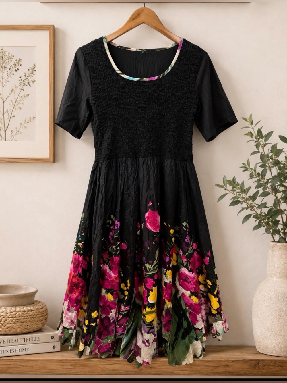 Draper's & Damon's PM black floral short sleeve fir N flare dress